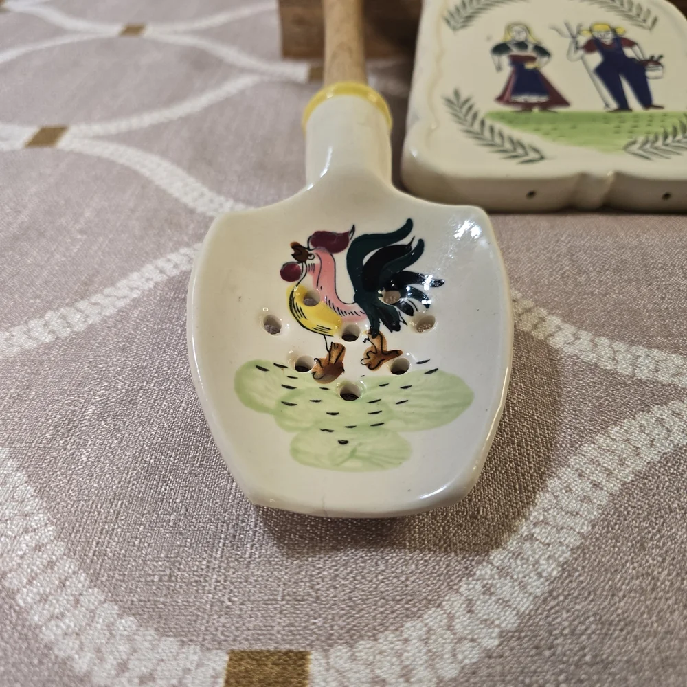 Vintage Hand Painted Wood Handle Gourmet Set w/ Rack Folk Art Trivet